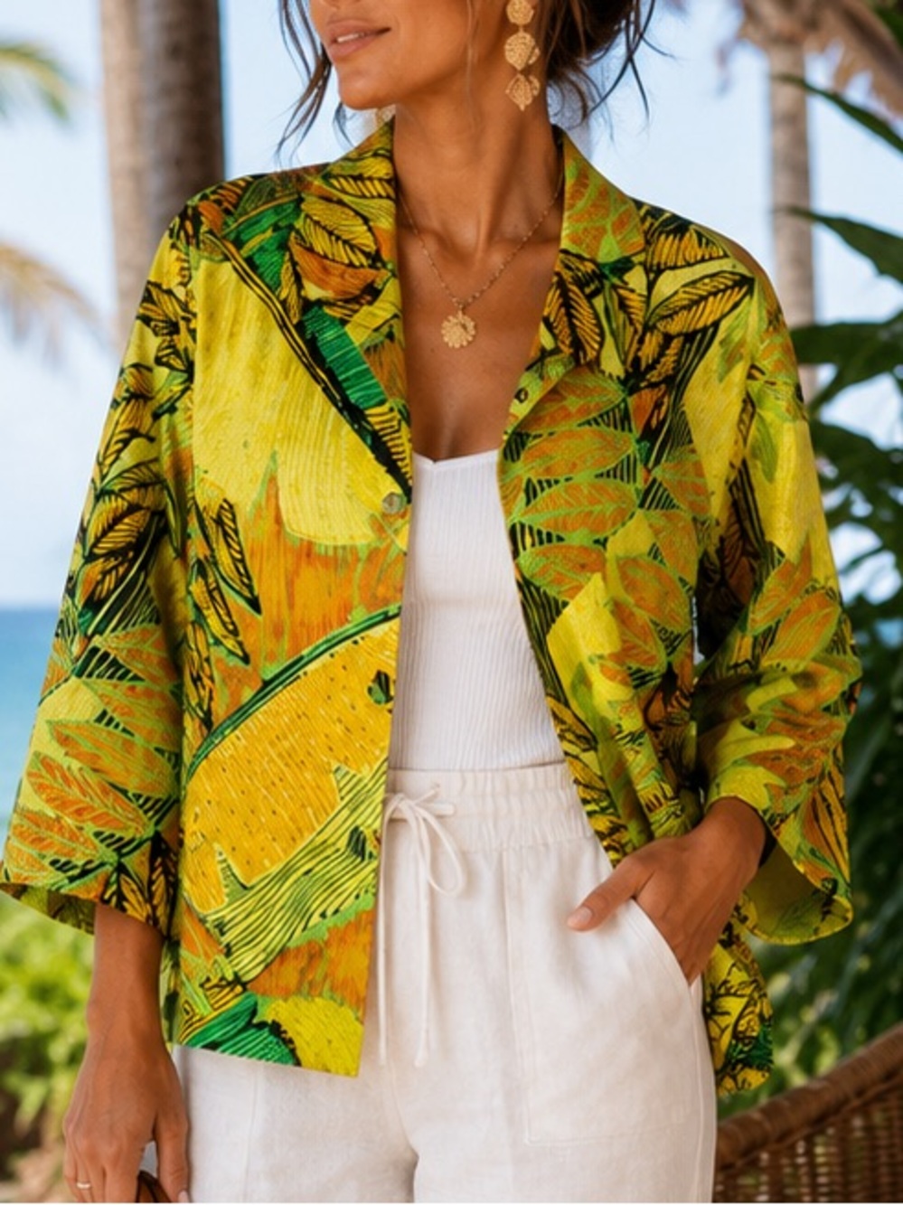 Chico's Tropical Leaf Vibrant Sequin Print Blazer Size 3
